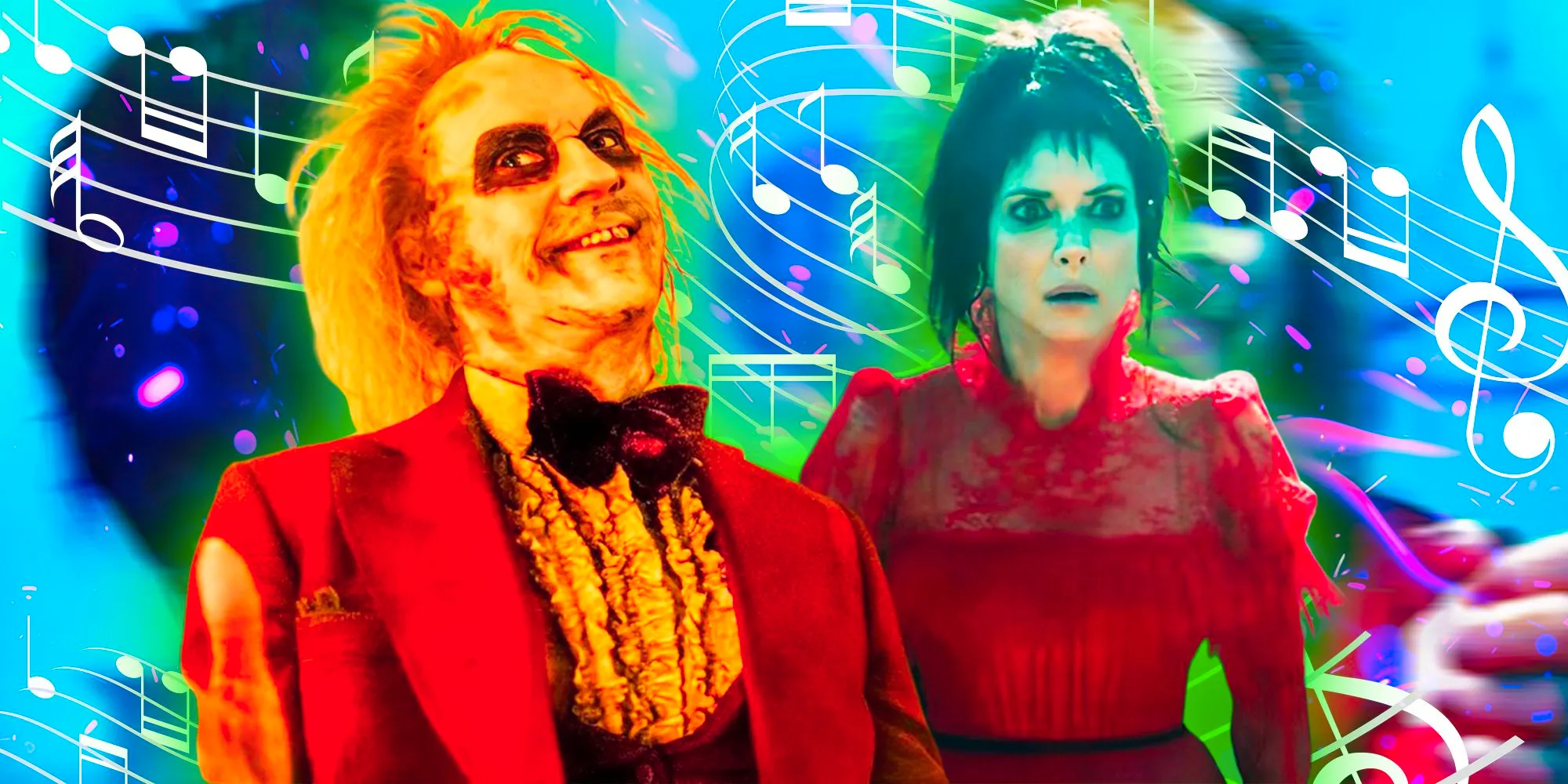 Lydia and Beetlejuice in their red wedding dress and tuxedo in Beetlejuice 2's wedding scene Image