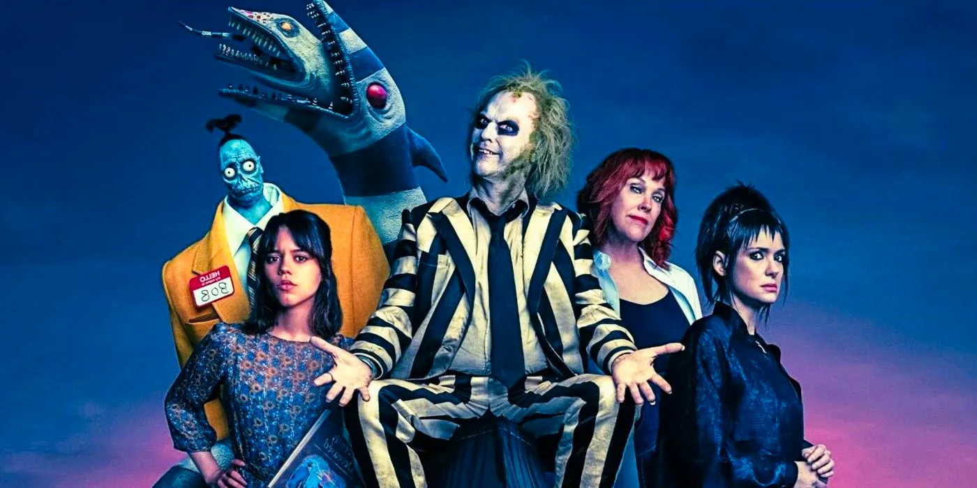 Lydia, Delia, Betelgeuse, Sandworm, Astrid, and Bob in the Beetlejuice 2 poster Image