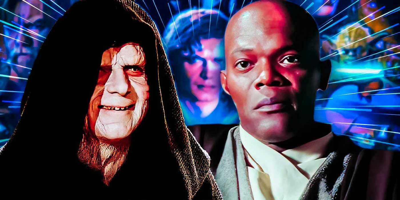 Mace Windu (Samuel L. Jackson) edited with Emperor Palpatine (Ian McDiarmid) over a poster of the Star Wars prequel trilogy Image