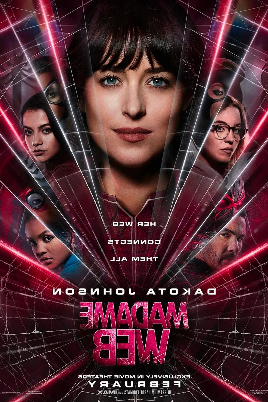 Madame Web Movie Poster Featuring Sydney Sweeney as Julia Carpenter, Isabela Merced as Anya Corazon, Dakota Johnson as Cassandra Webb, Celeste O'Connor as Mattie Franklin, and Tahar Rahim as Ezekiel Sims Image