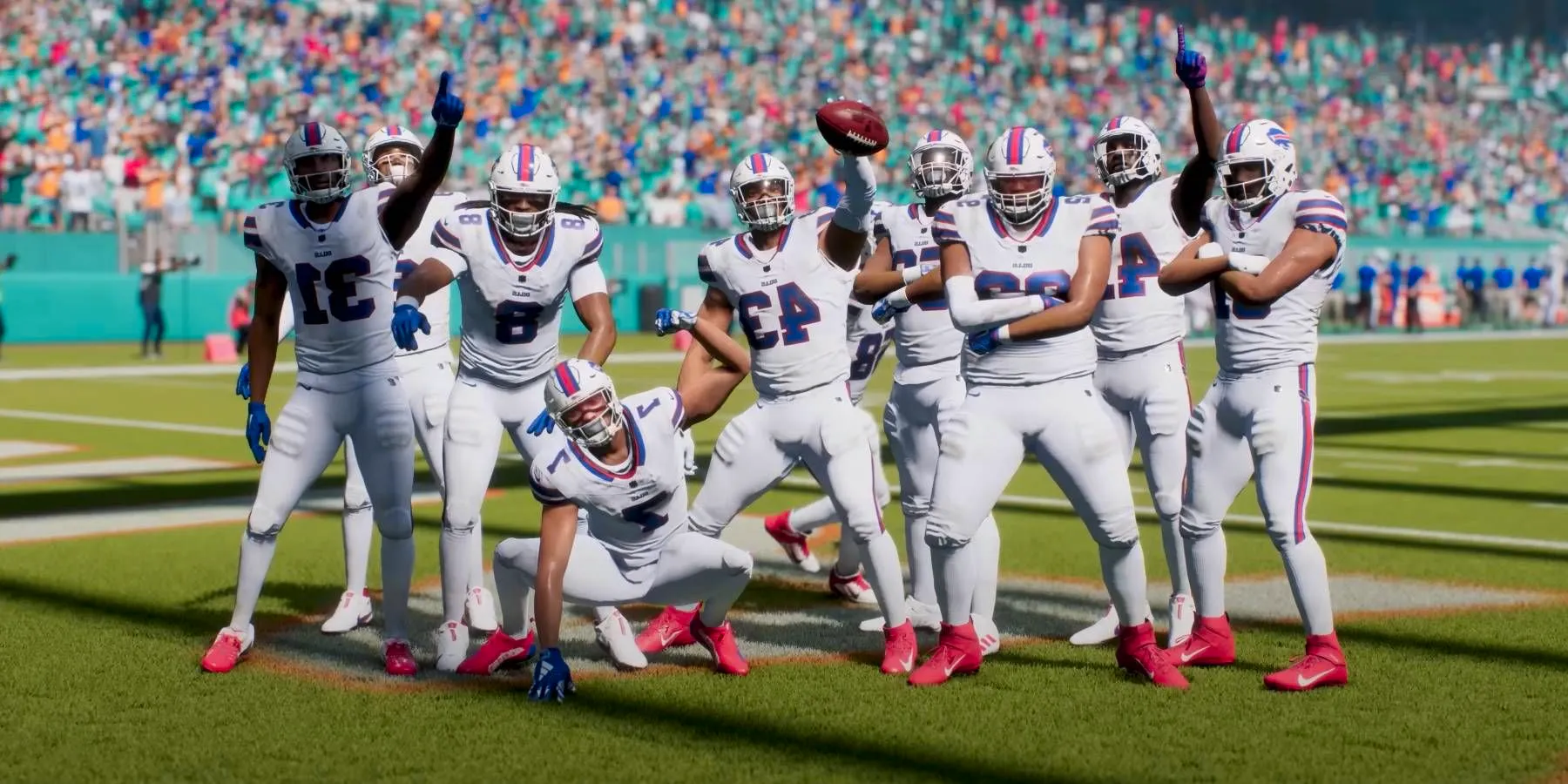 Madden NFL 25 Buffalo Bills offense coming together in the end zone after scoring a touchdown Image