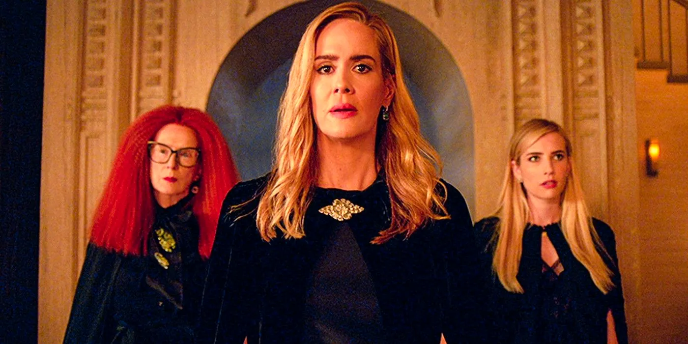 Madison, Cordelia, and Myrtle walking into a house in American Horror Story: Apocalypse. Image