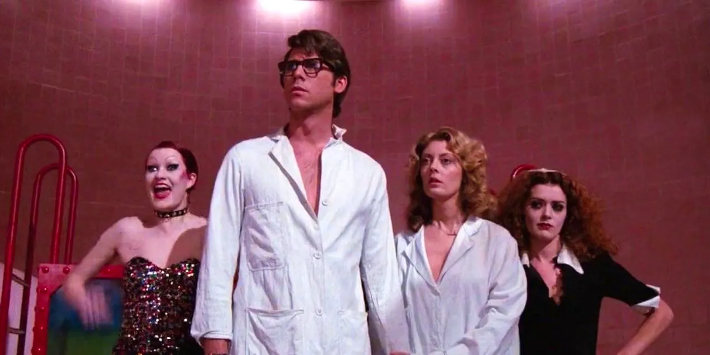 Magenta, Janet, Brad, and Columbia standing together in Rocky Horror Image