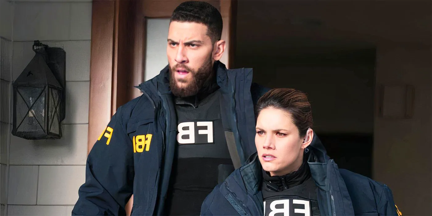 Maggie and OA standing in front of a house wearing FBI jackets and vests Image