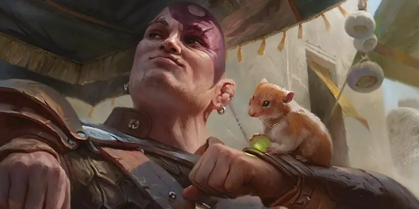 Magic: The Gathering art of Minsc and Boo, where Minsc is standing with an arm upraised to hold Boo, his miniature giant space hamster companion. Image