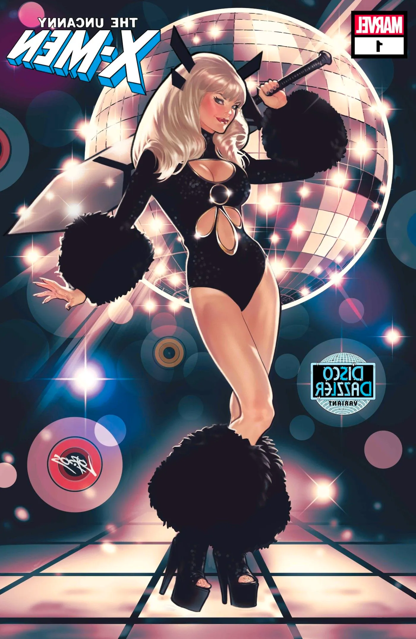 Magik stands in a black 1970s-inspired suit that features black puffed anklewear and wrist aspects, as she stands on a dancefloor on the Disco Dazzler Variant. A disco ball shines behind her. Image