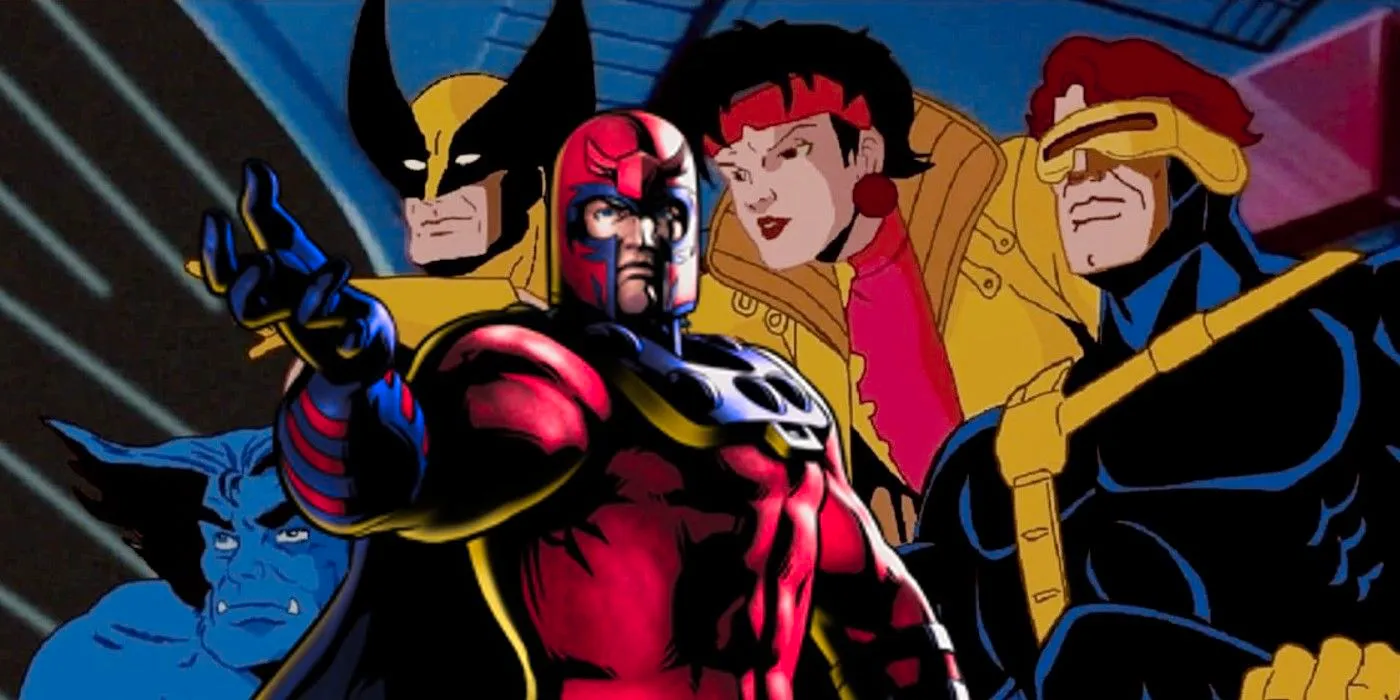 Magneto holds his hand up as a screenshot of X-Men '97 is behind him showing Jubilee, Beast, Cyclops, and Wolverine. Image