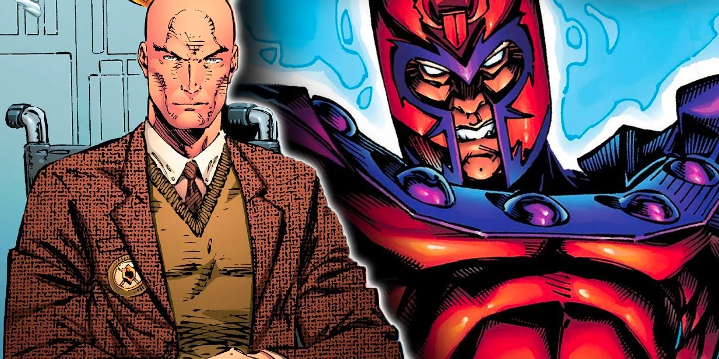 Magneto (left) surging with power; Professor X (right) sitting calmly Image