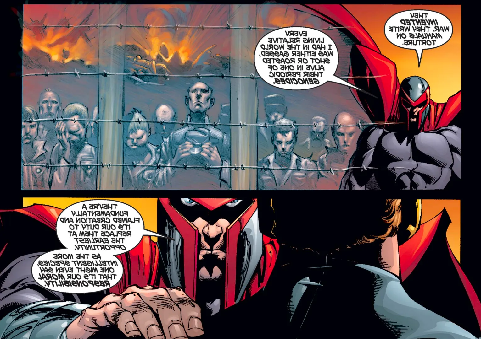 Magneto tells Cyclops that humanity is flawed in comparison to mutants, so replacing humans as quickly as possible is mutants' 