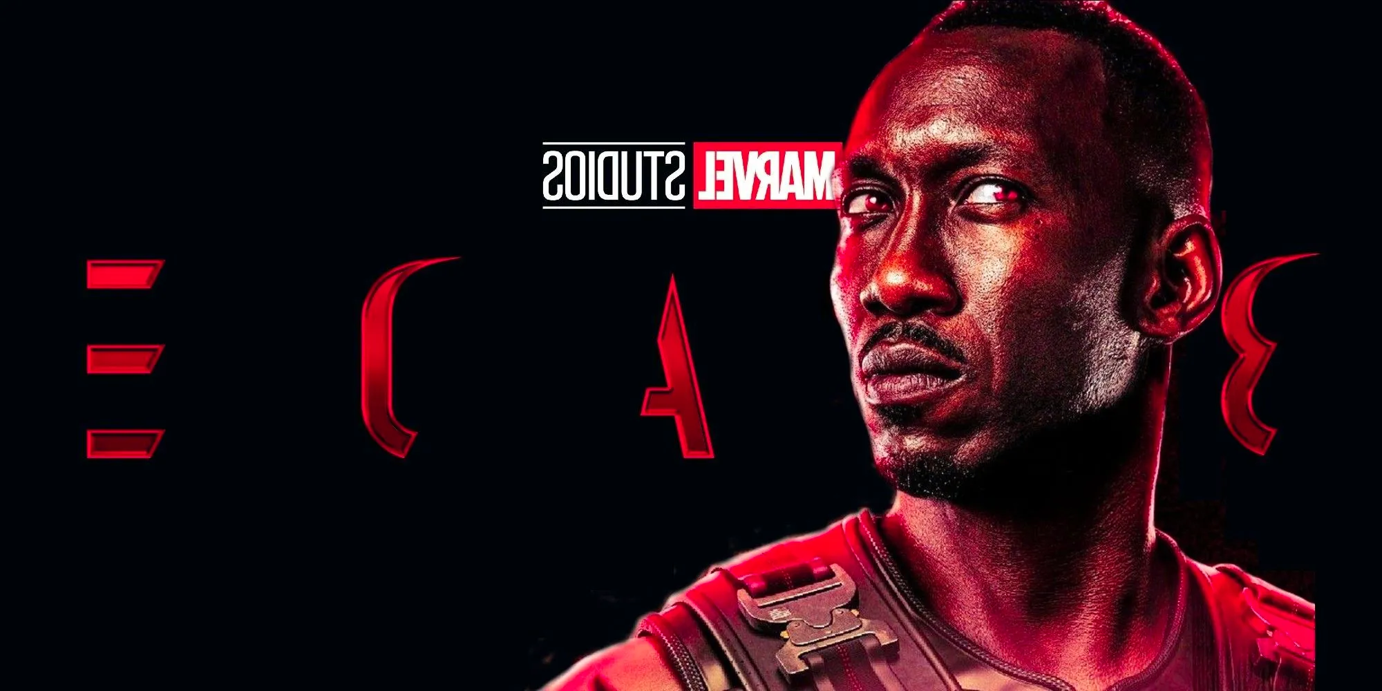 Mahershala Ali and the MCU's Blade logo. Image