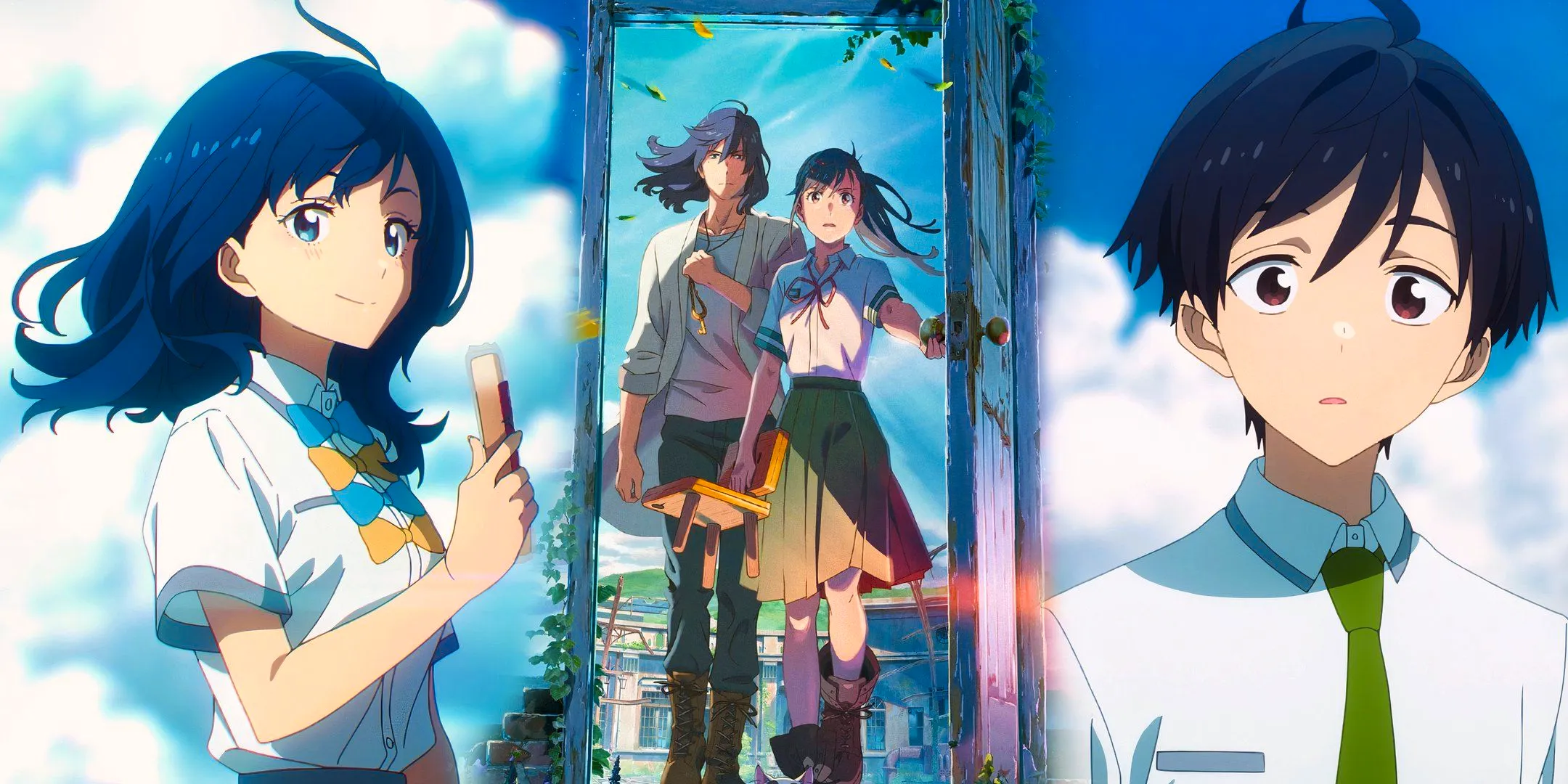 main characters of suzume stepping through a door with yanami from too many losing heroines holding a snack to the right and nukumizuku to the left Image