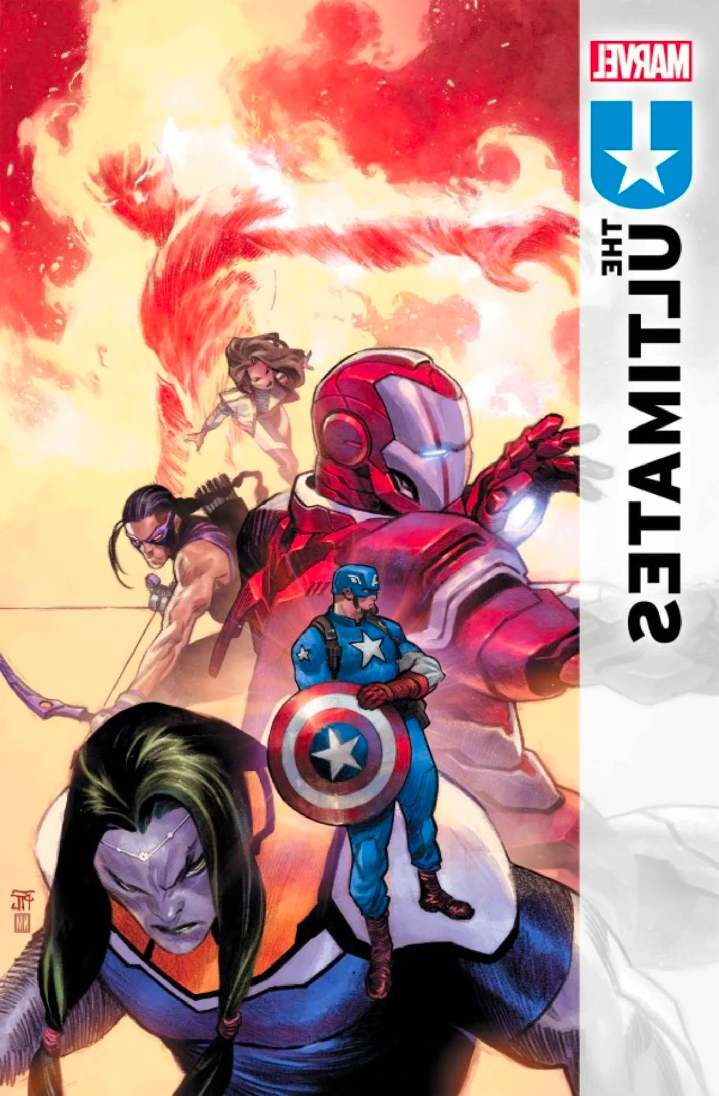 Main cover for The Ultimates #7 featuring Iron Man, She-Hulk, Captain America, and Hawkeye. Image