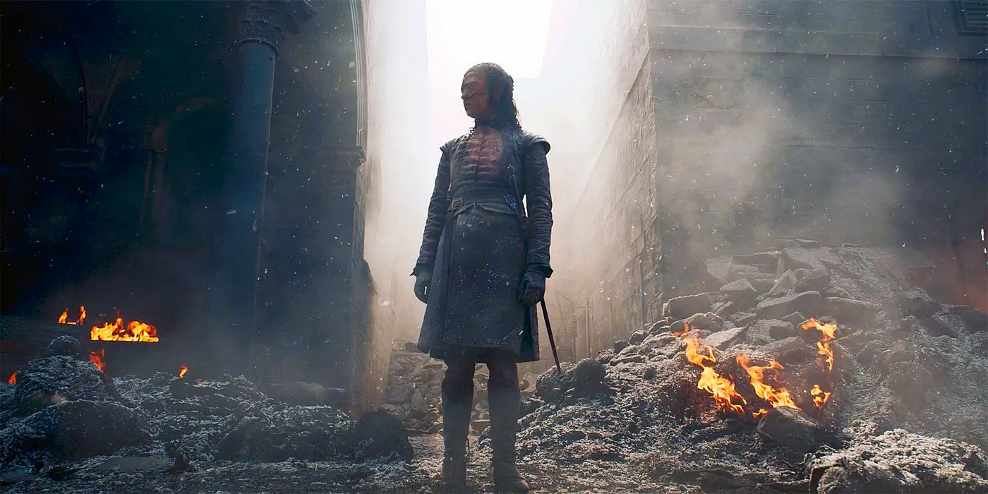 Maisie Williams as Arya Stark standing in King's Landing wreckage in Game of Thrones season 8 episode 5 Image