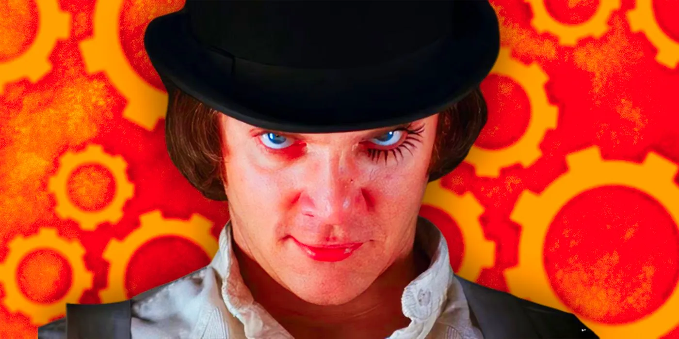 Malcolm McDowell in Clockwork Orange in Front of an Orange Gear Background Image