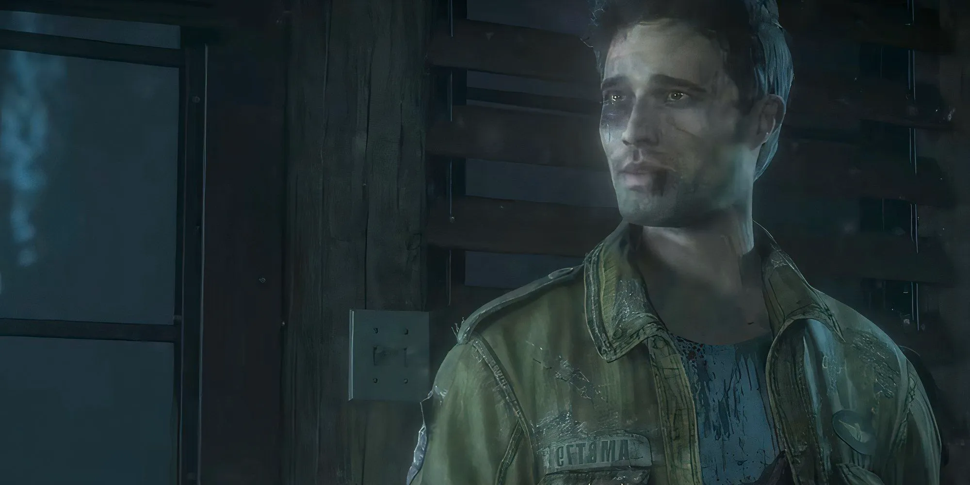 Man in Until Dawn with a black eye and scrapes on his face.  Image