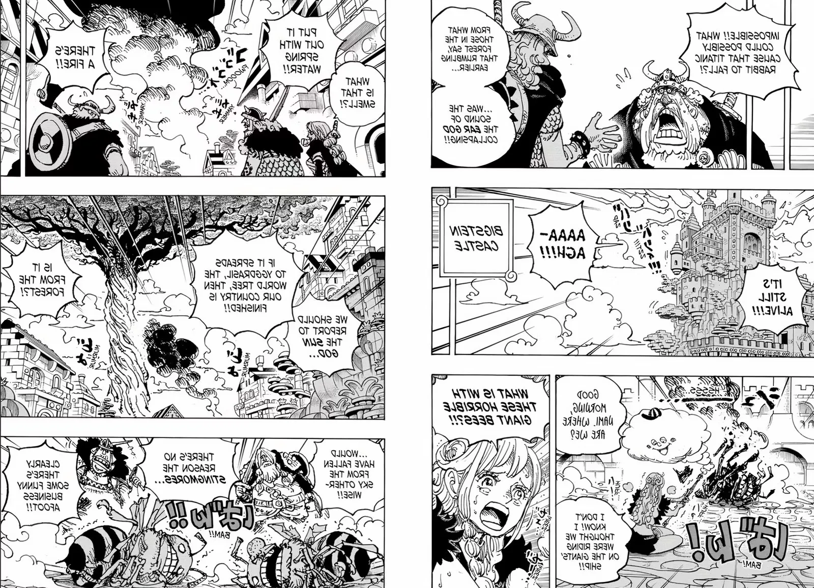 Manga panels from One Piece chapter 1127 show Elbaf Giants worried about fire approaching a tree and talking about a Rabbit God being toppled. Image