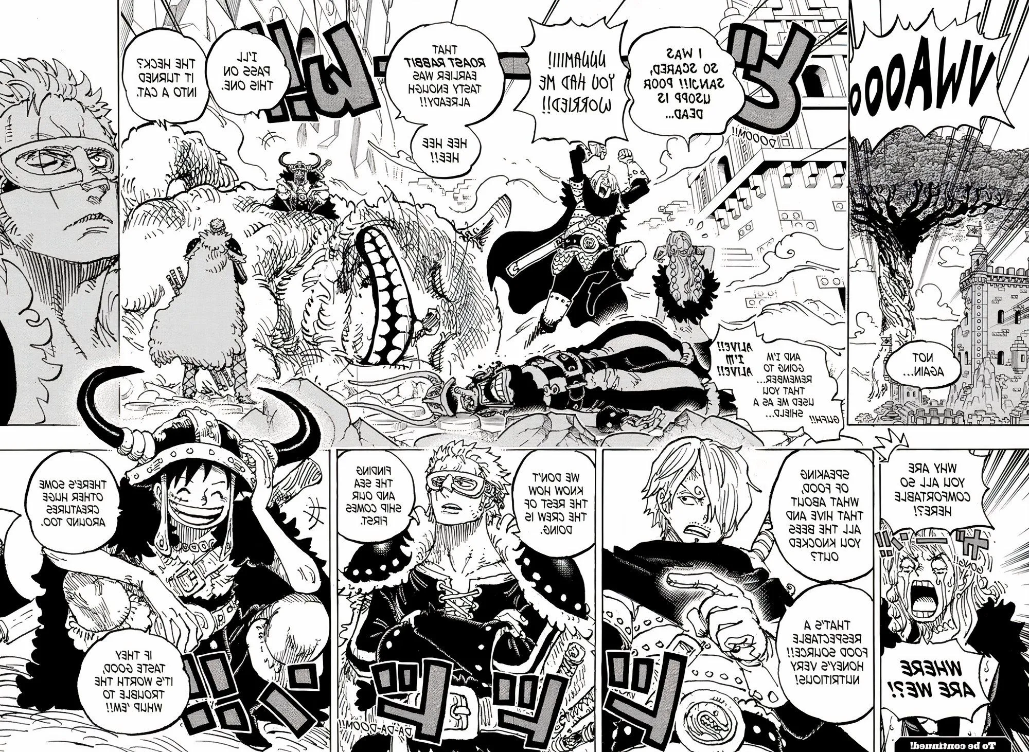 Manga panels from One Piece Chapter 1127 show Straw Hat Crew members Luffy, Zoro, Sanji, Nami, and Usopp after defeating a giant cat in Elbaf. Image