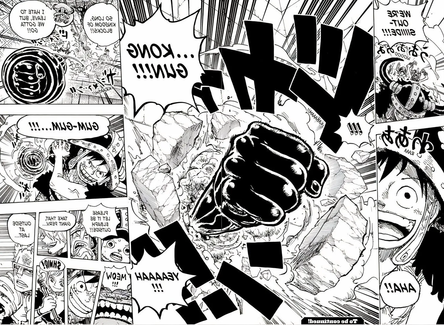 Manga panels from One Piece Chapter 1129 show Luffy and other Straw Hats riding on a giant cat as Luffy punches through a stone wall to Break Out of a Elbaf prison. Image