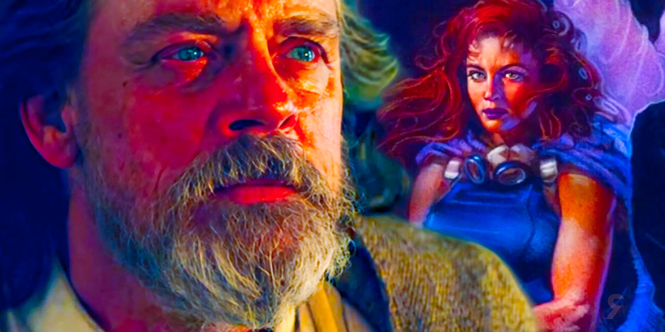 Mara Jade from Star Wars Legends to the left and Luke Skywalker from the sequel trilogy looking up to the right Image