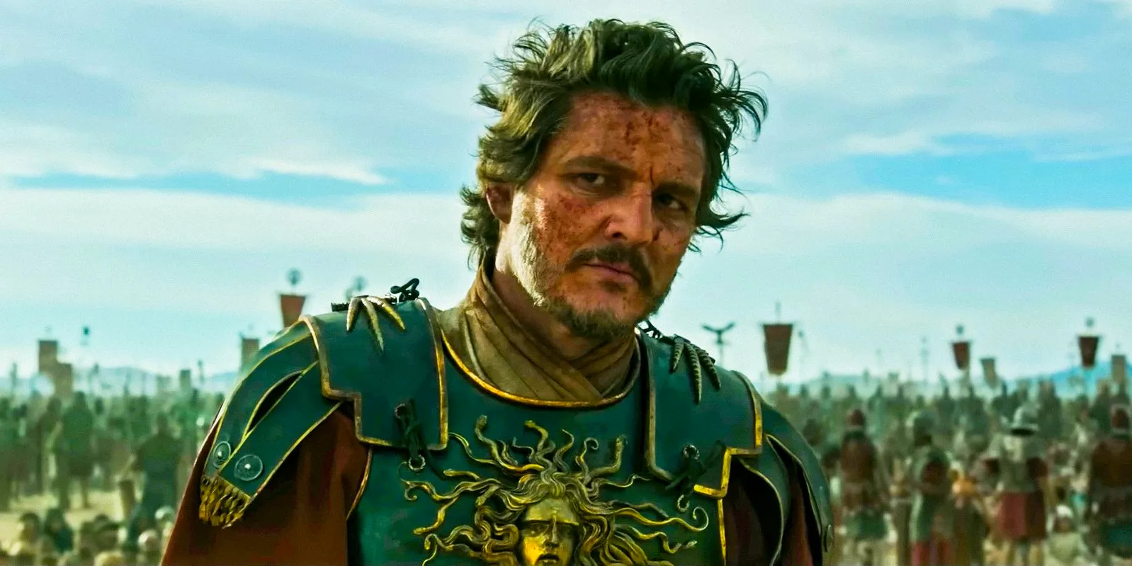 Marcus Acacius (Pedro Pascal) with splatters of blood on his face in Gladiator II Image