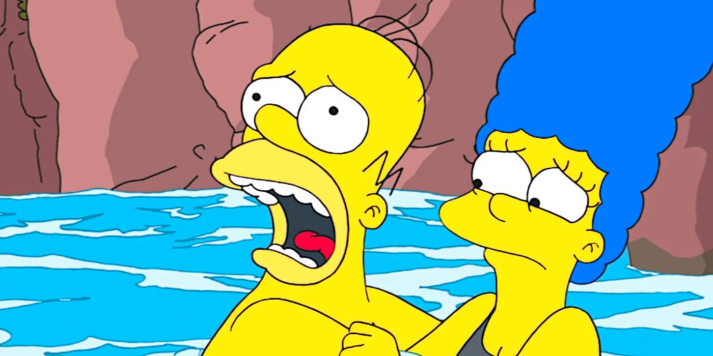 Marge and Homer look worried in water from The Simpsons season 36 episode 2 Image