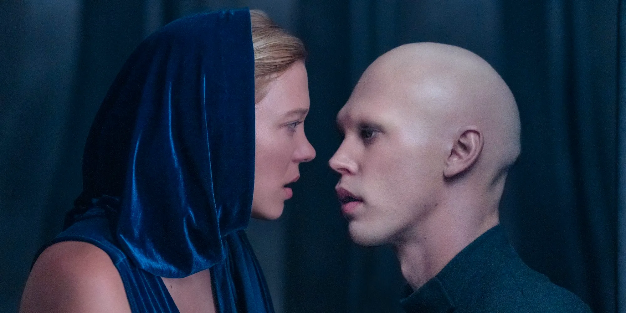 Margot Fenring (Lea Seydoux) and Feyd-Rautha (Austin Butler) look closely at each other in Dune 2 Image