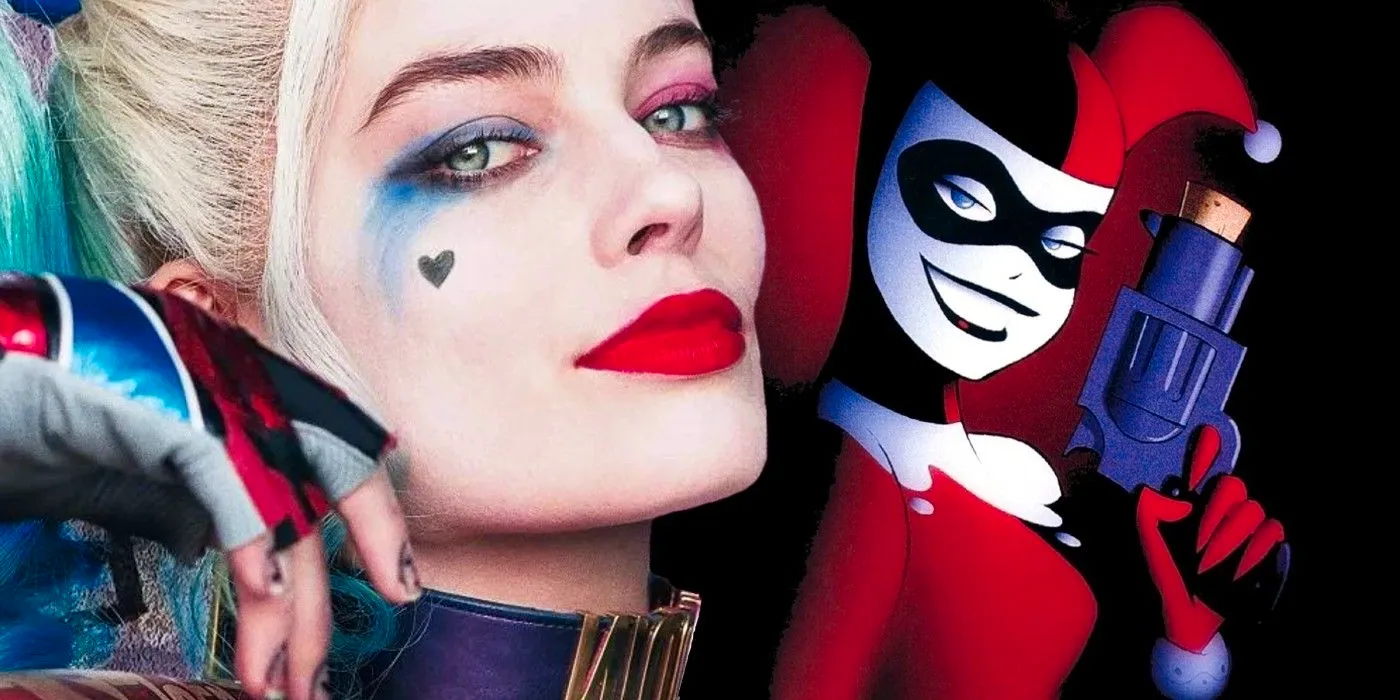 Margot Robbie as Harley Quinn over a still of Harley Quinn from Batman: The Animated Series. Image