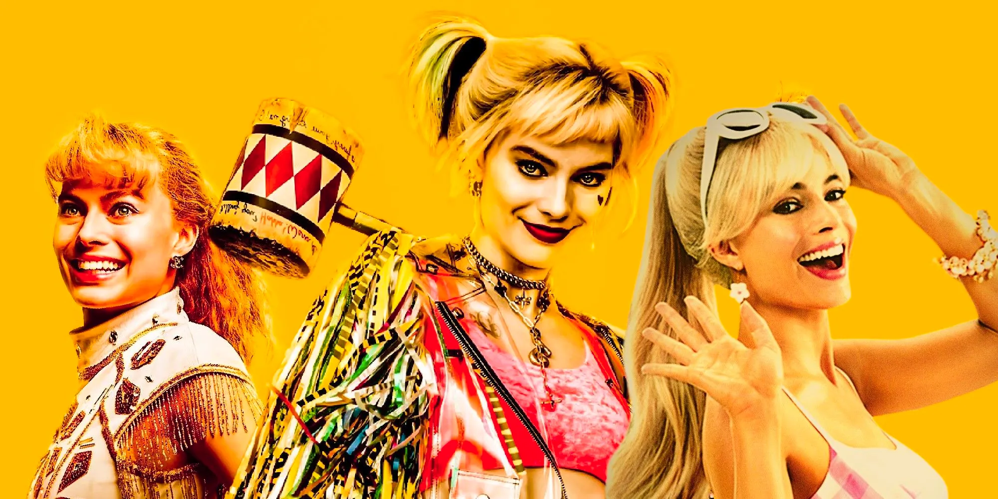 Margot Robbie smiling in Barbie, Birds of Prey as Harley Quinn and I, Tonya with a yellow background Image