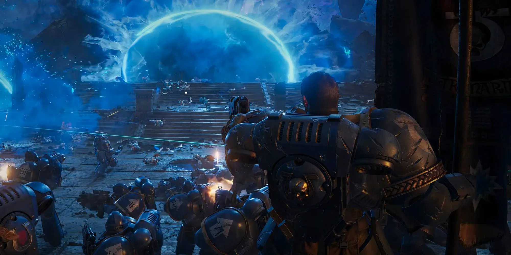 Marine Titus Holding Off A Horde of Chaos Marines Alongside His Men In Warhammer 40k Space Marine 2 Image