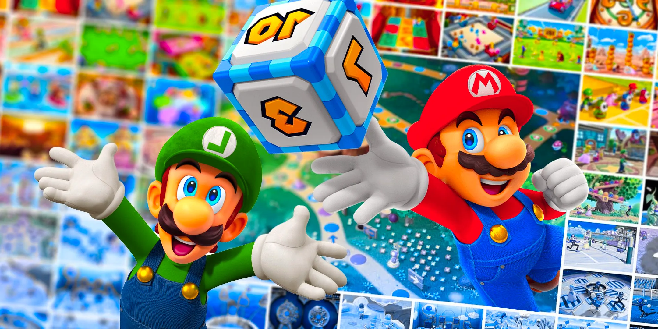 Mario and Luigi with a dice in Mario Party Superstars. Image