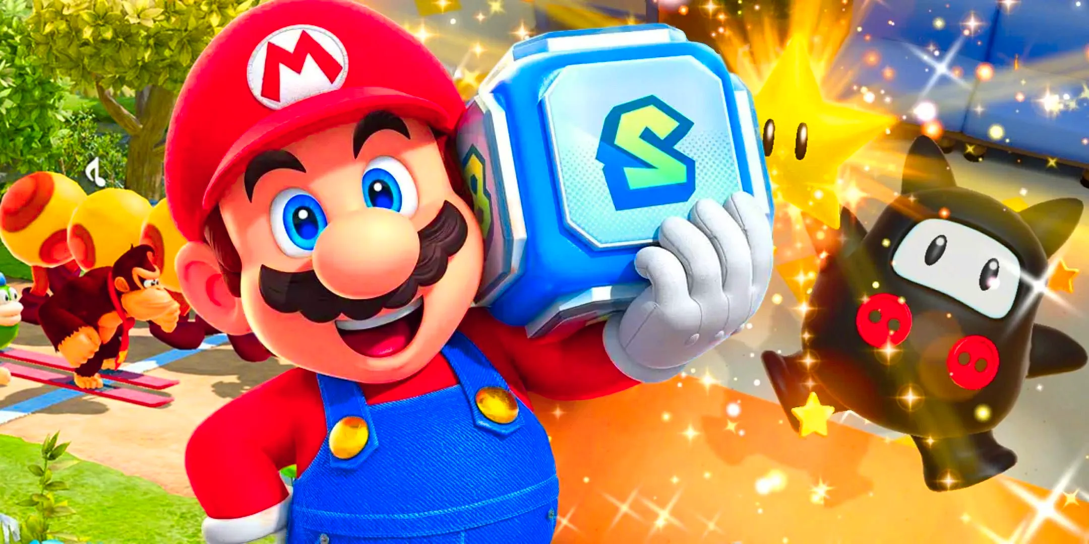 Mario holding a dice block in Super Mario Party Jamboree. Image