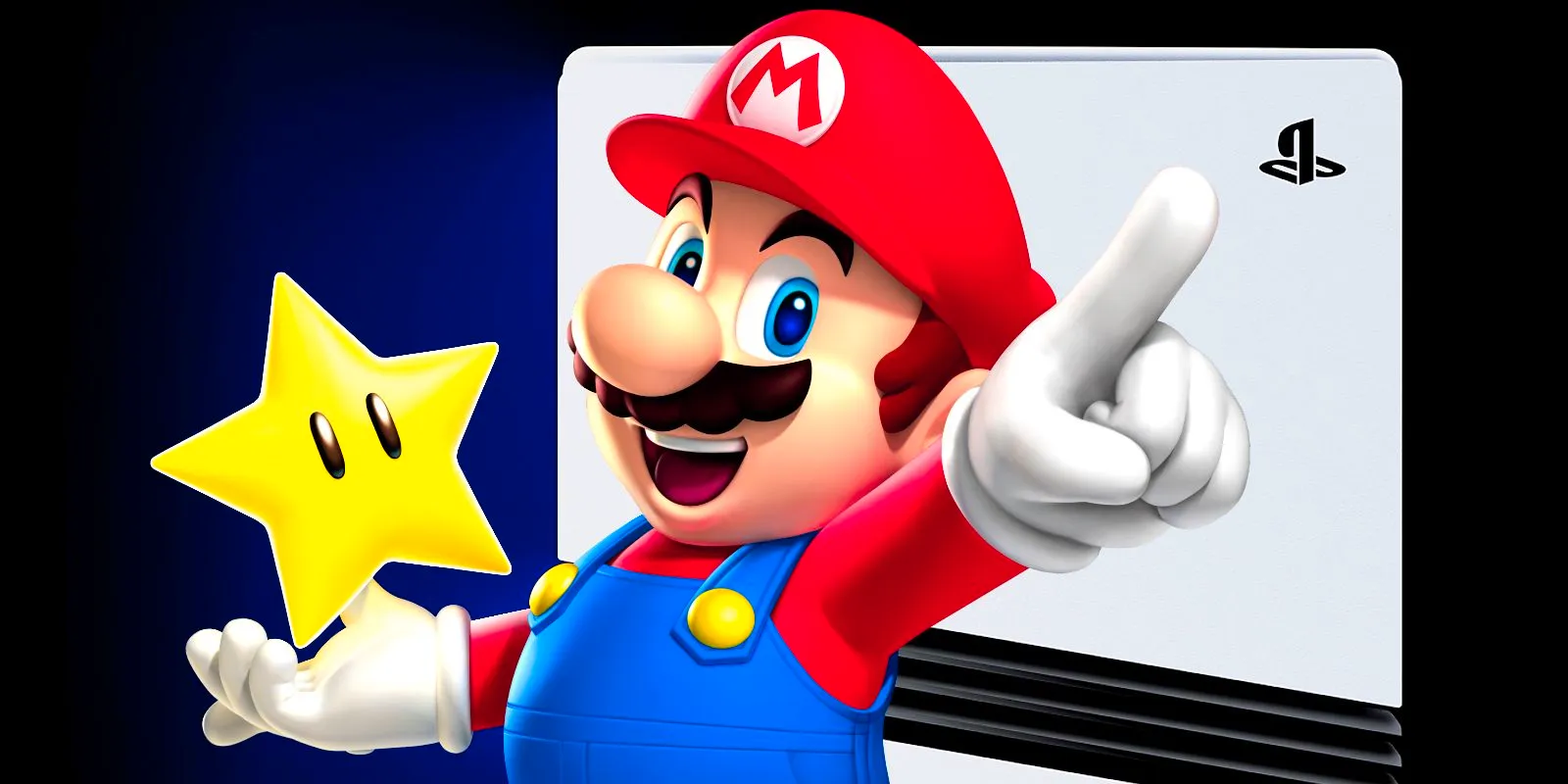 Mario holding a star in front of a PS5 Pro console. Image