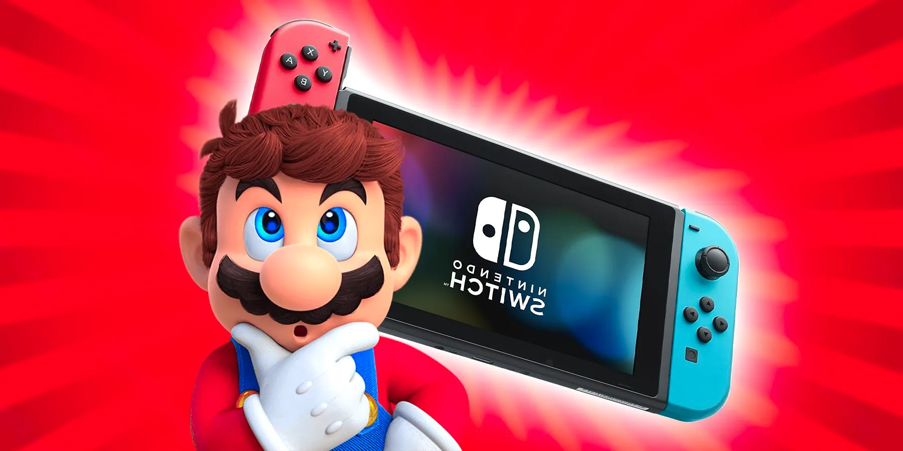 Mario thinking in front of a Nintendo Switch on a red starbust background. Image