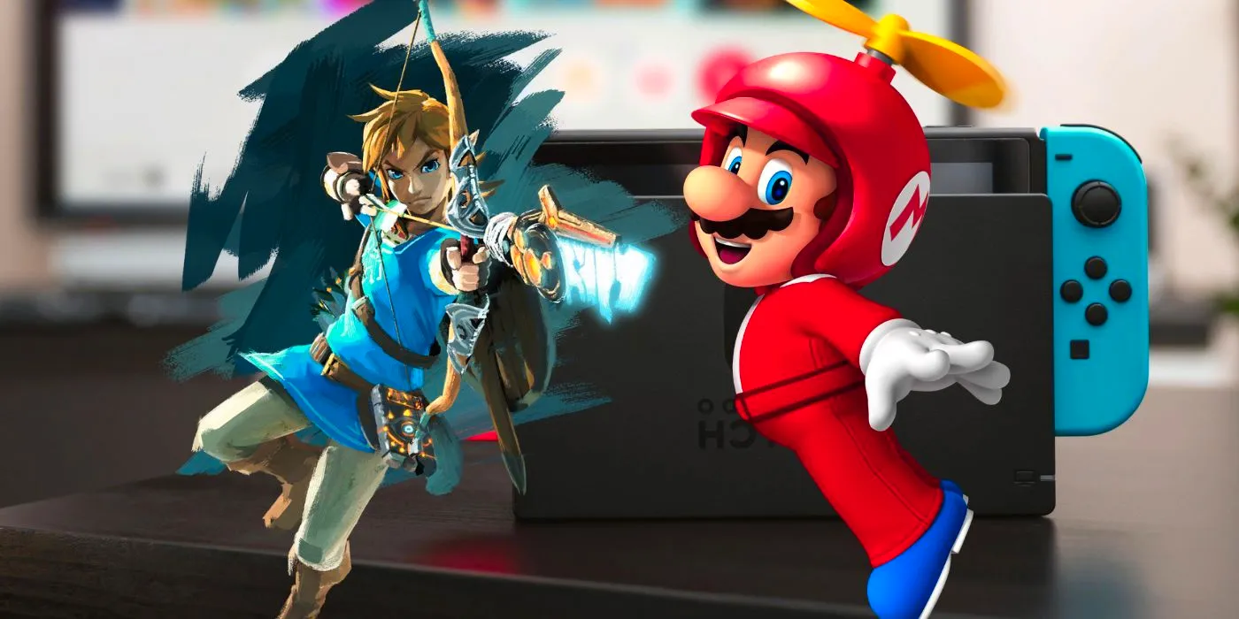 Mario with a propeller hat and Link firing a bow with the Nintendo Switch Image