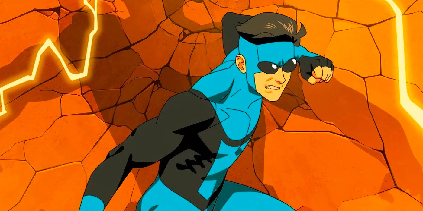 Mark Grayson (Steven Yeun) wears a blue and black suit in an Invincible promo image Image