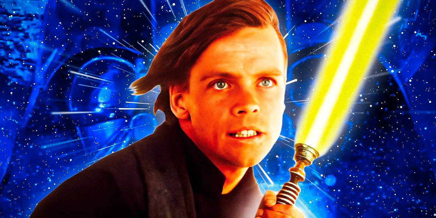 Mark Hamill as Luke Skywalker in Return of the Jedi holding his green lightsaber in front of a blue image showing Darth Vader's helmet Image