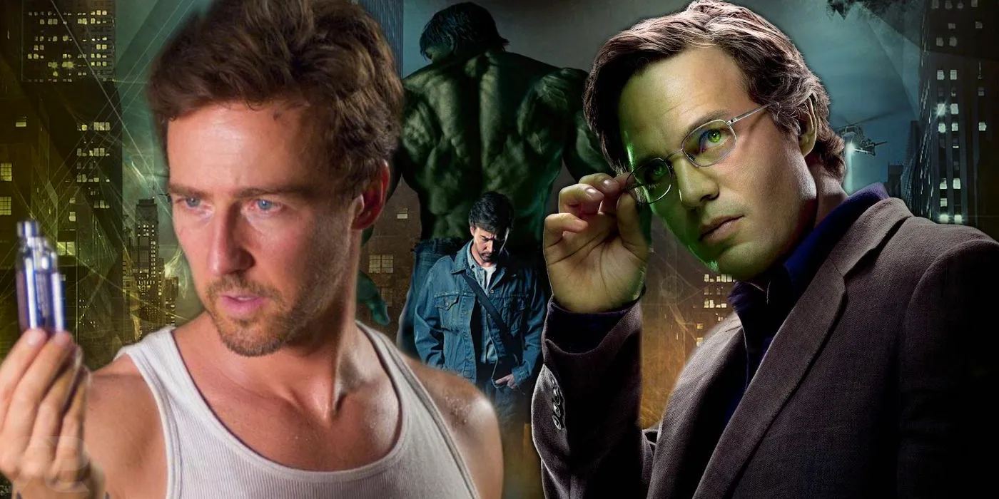 Mark Ruffalo and Edward Norton with Incredible Hulk background Image