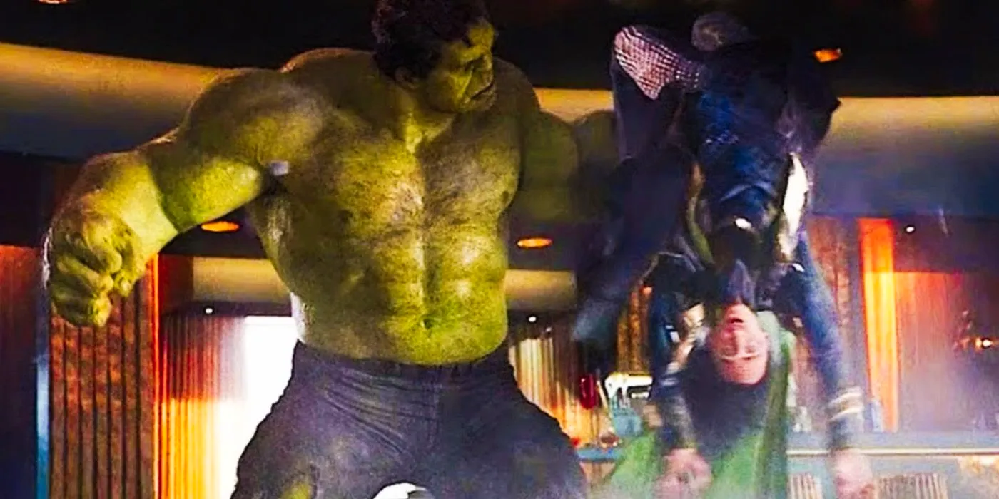 Mark Ruffalo's Hulk holding Tom Hiddleston's Loki upside down by his ankle in The Avengers Image