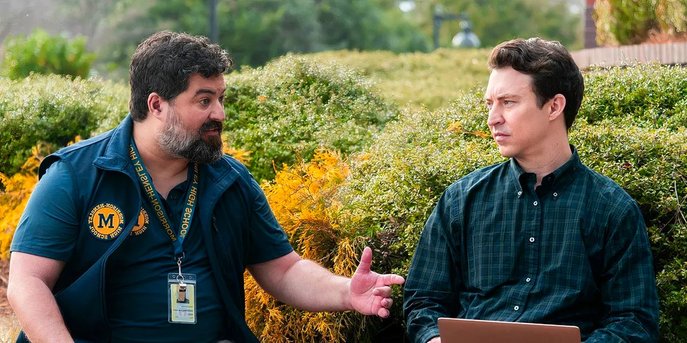 Markie explains something to Evan as they sit outside in English Teacher Image