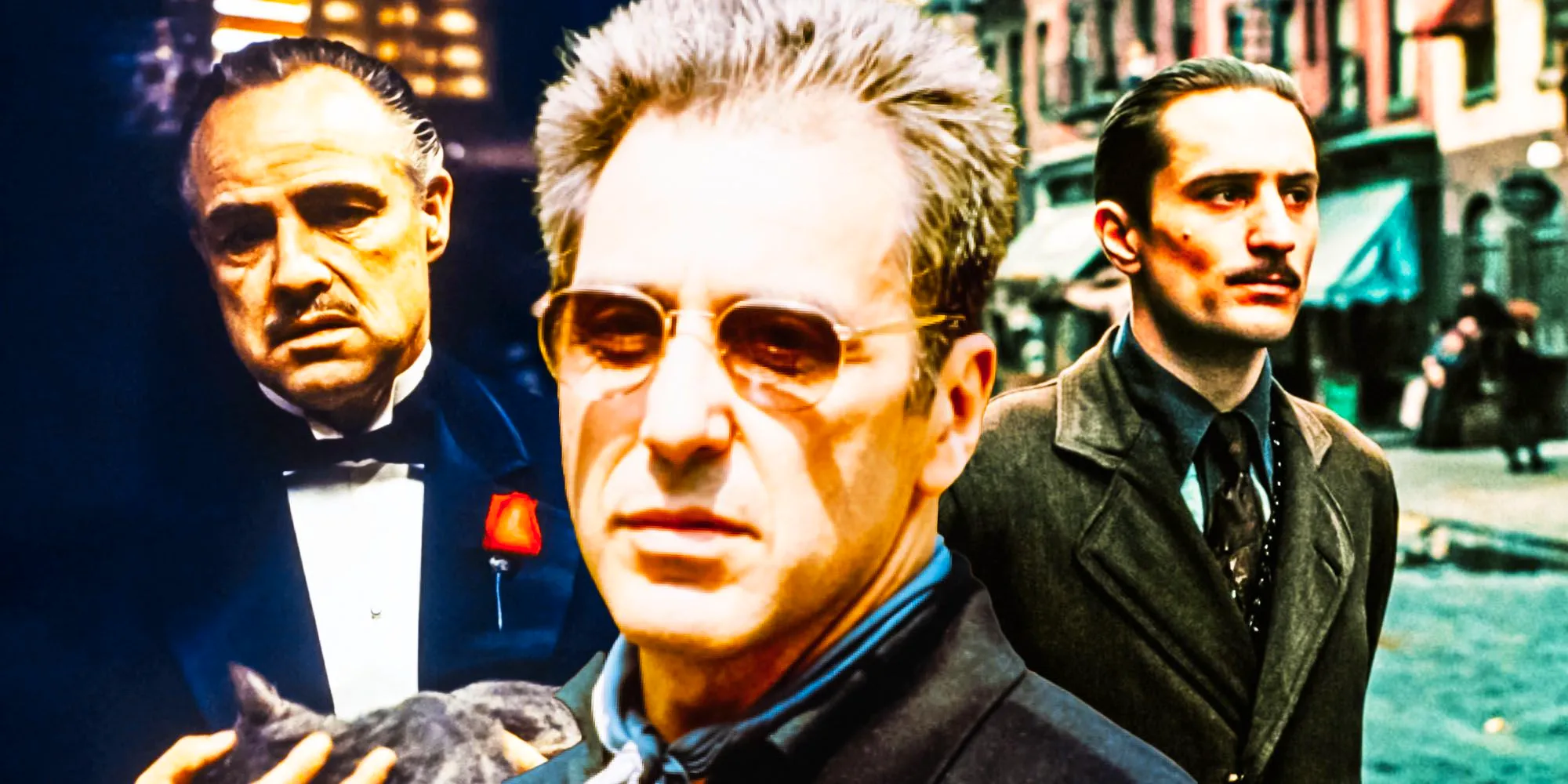 Marlon Brando, Robert de Niro, and Al Pacino in The Godfather trilogy Image