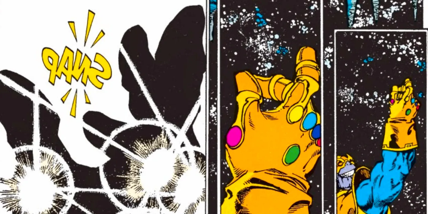 Marvel Comics' Thanos doing the Infinity Snap. Image