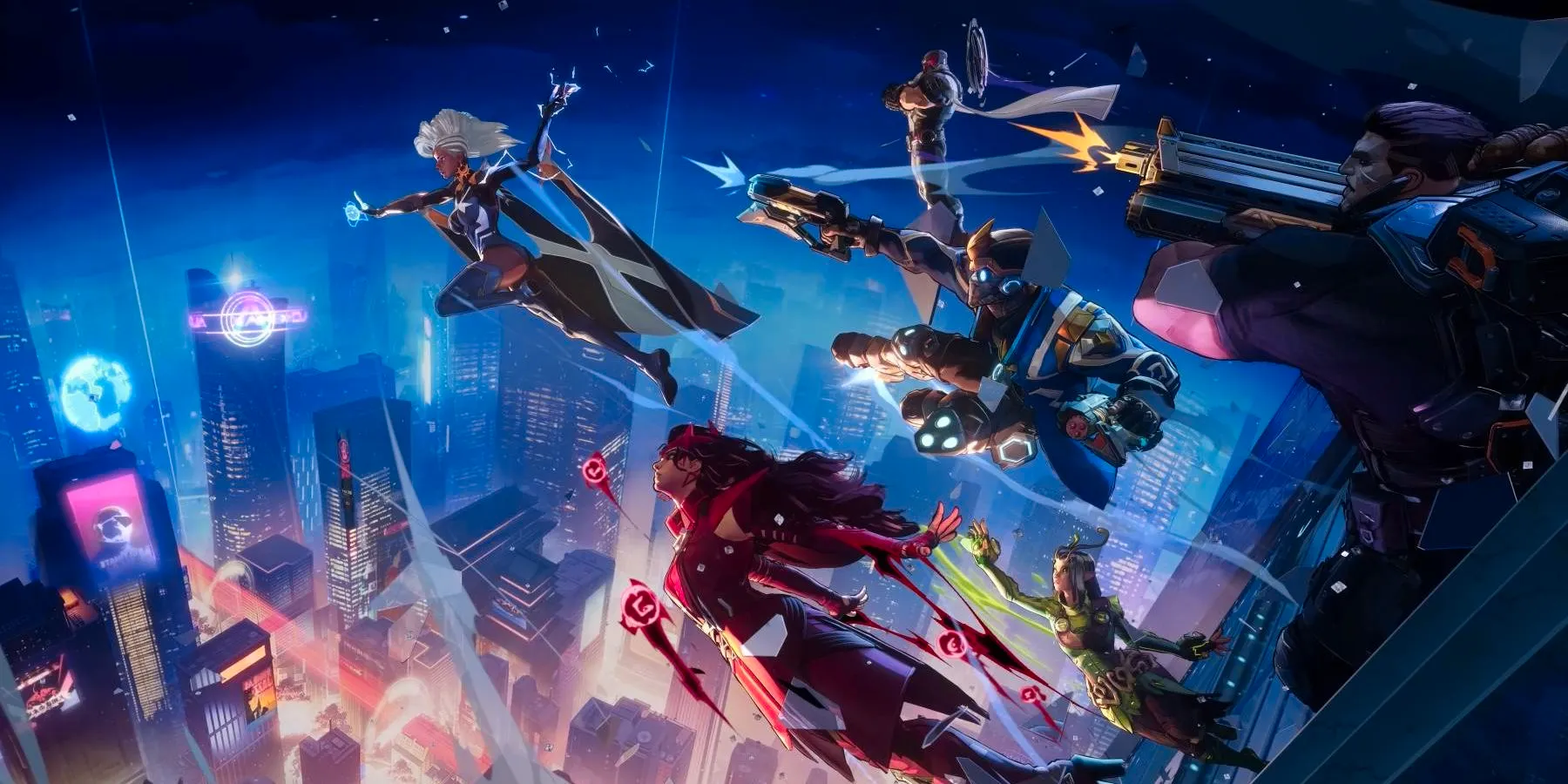 Marvel Rivals Promo art of Storm, Scarlet Witch, Star Lord, Mantis, Magneto, and The Punisher jumping from a building. Image