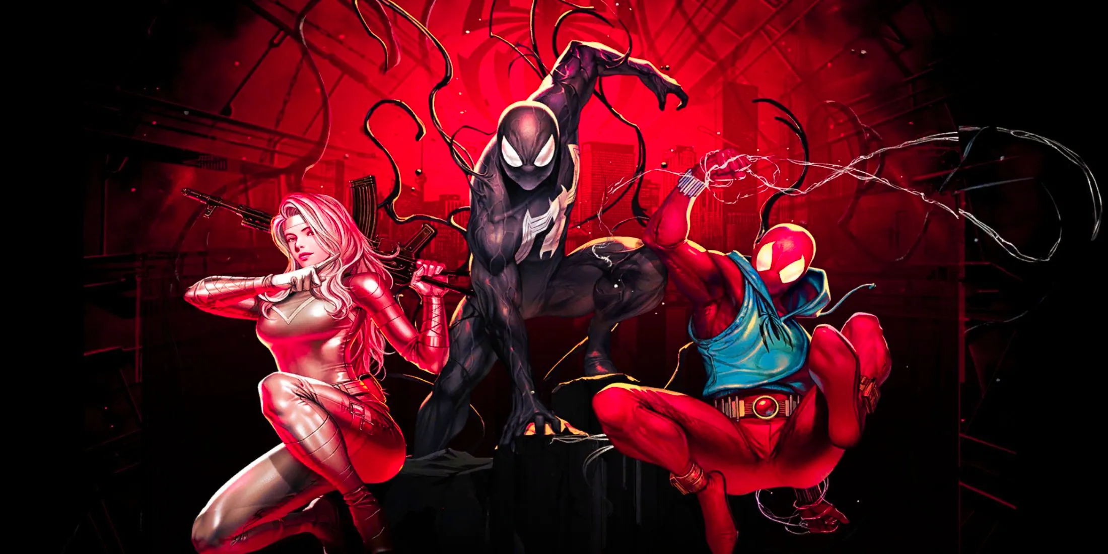 marvel snap image showcasing spiderman and friends from the venom series on a red backdrop Image