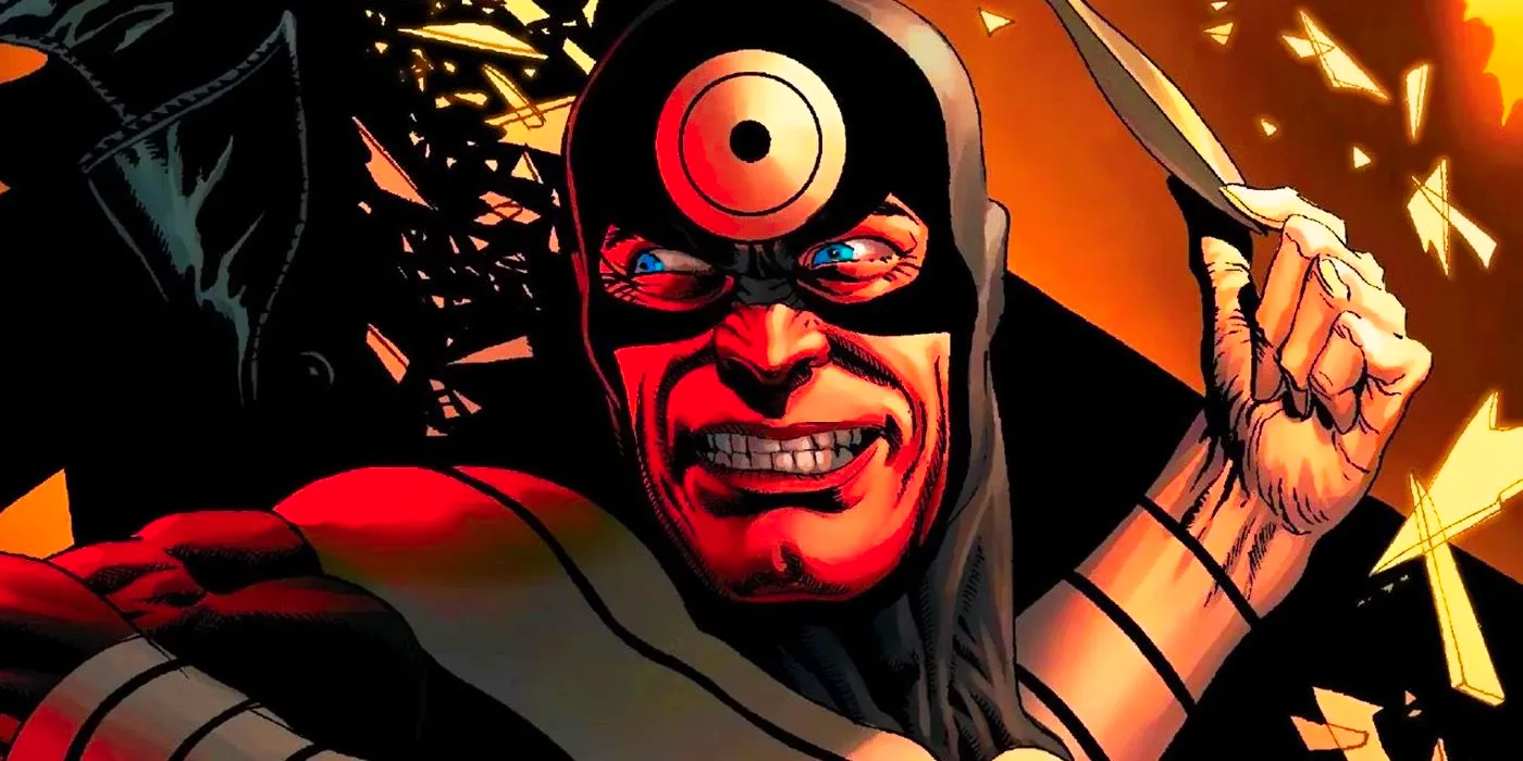 Marvel villain Bullseye with a sneer on his face as he winds up to throw a knife. Image