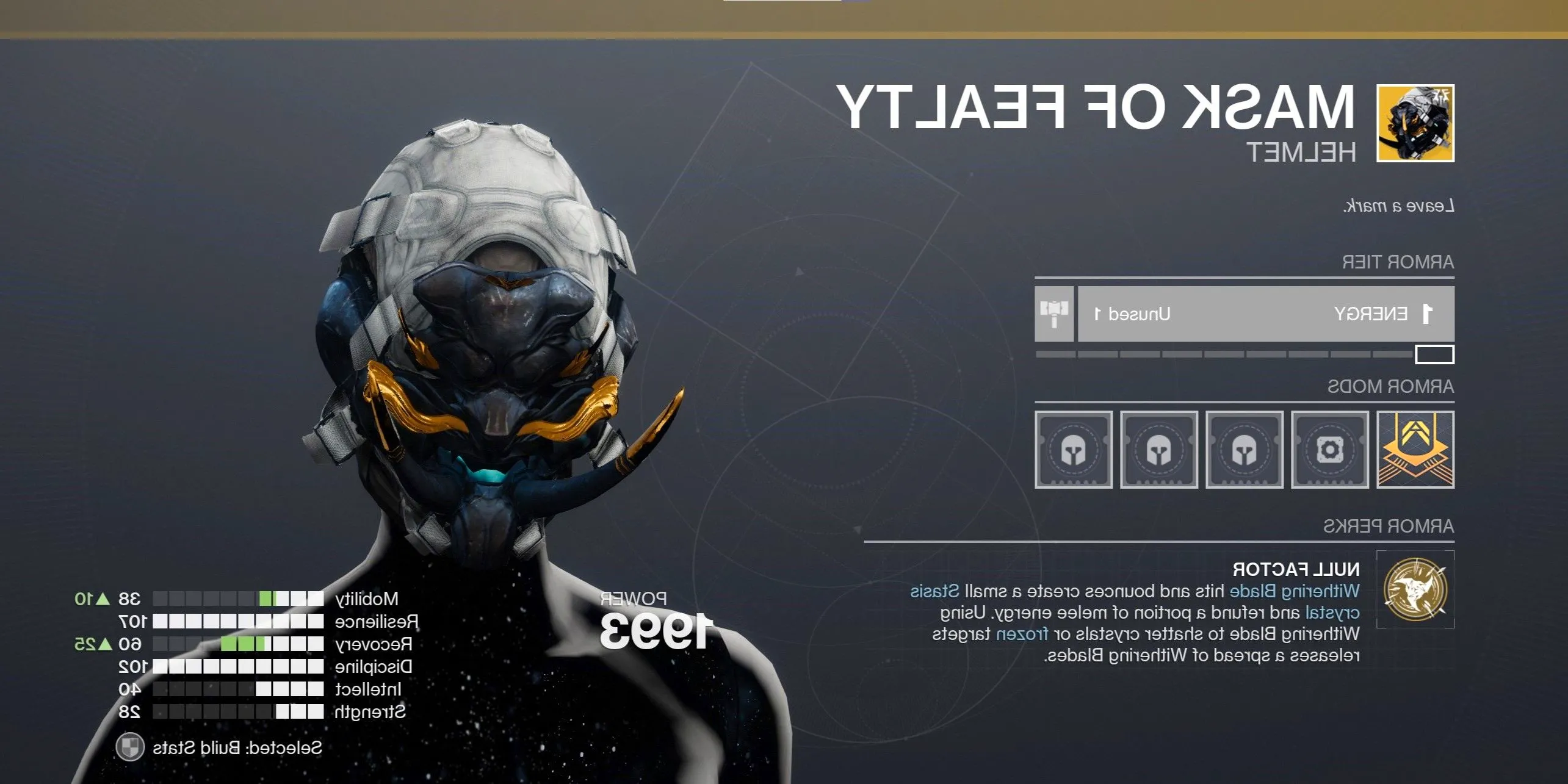 Mask of Fealty Exotic armor menu in Destiny 2 Image