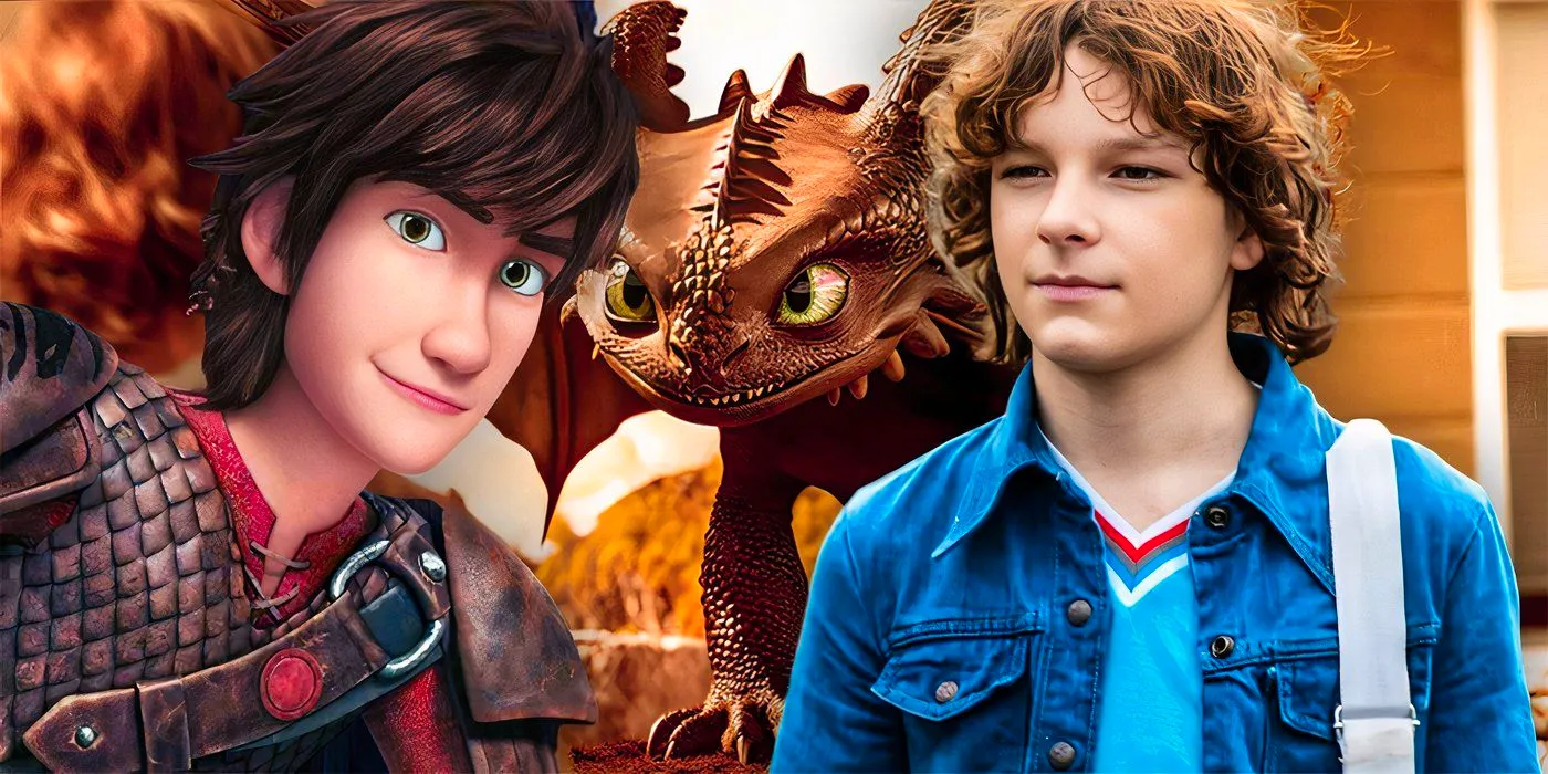 Mason Thames in The Black Phone (2021) next to images of Toothless and Hiccup from How to Train Your Dragon (2010) Image