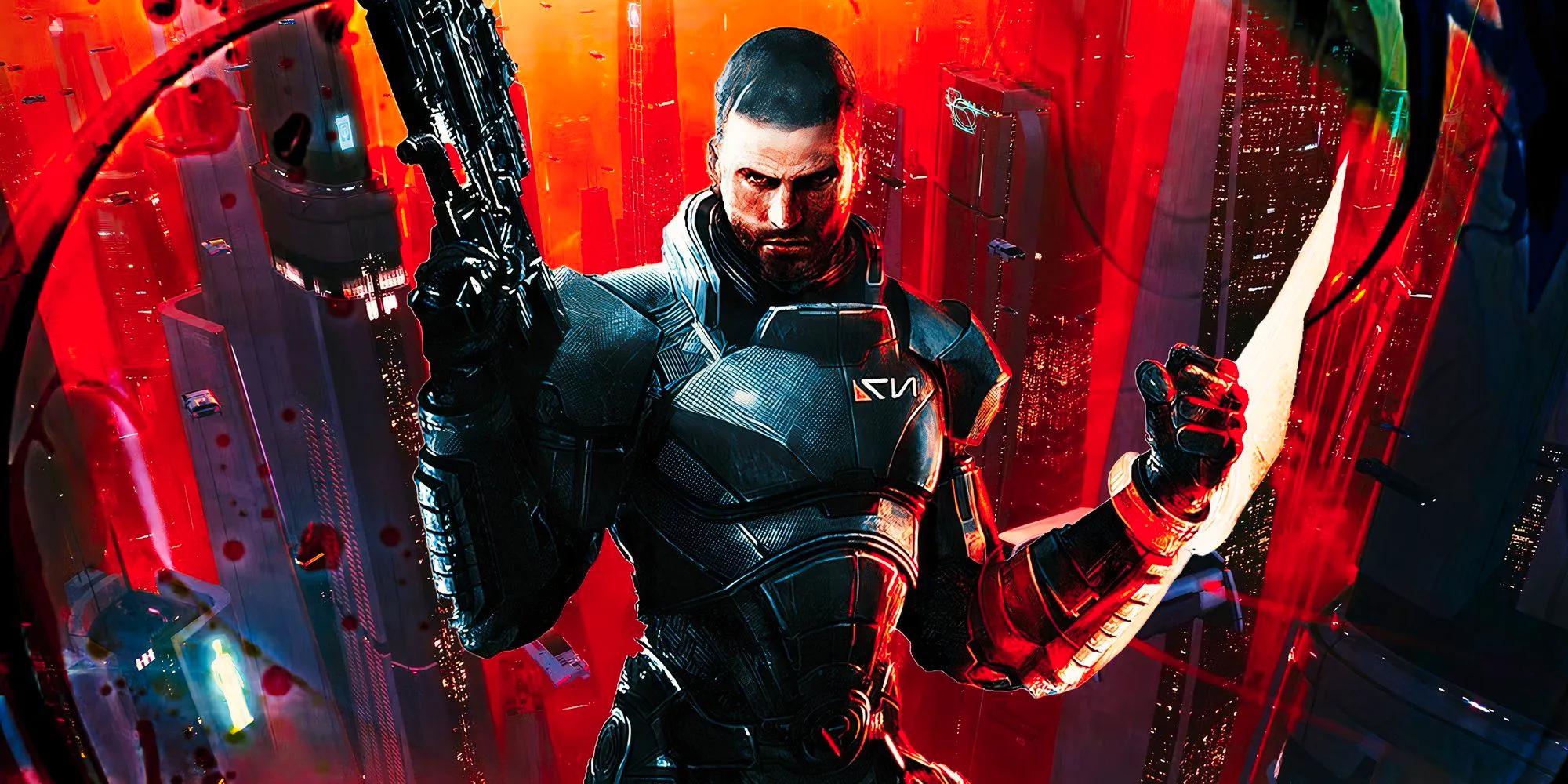 Mass Effect's Shepard in front of a cyberpunk city in red.  Image