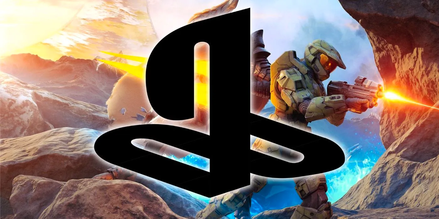 Master Chief firing at an enemy alongside the PlayStation logo Image