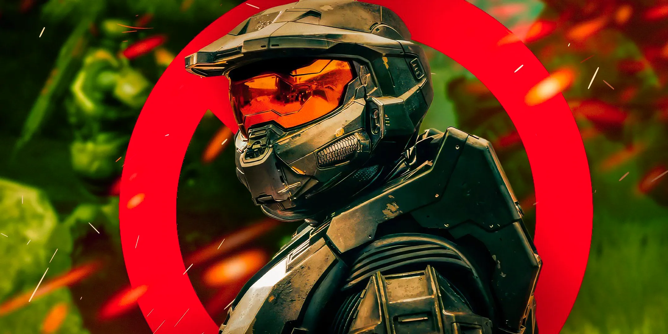 Master Chief from Halo in front of a grassy background with a no sign behind him Image