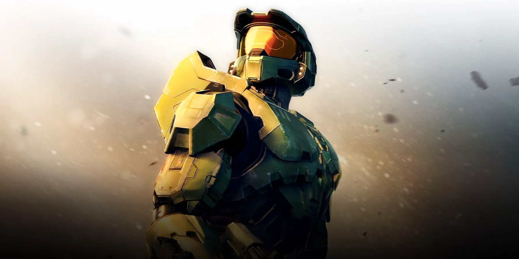 Master Chief in Halo Infinite, looking up and over one shoulder. Image